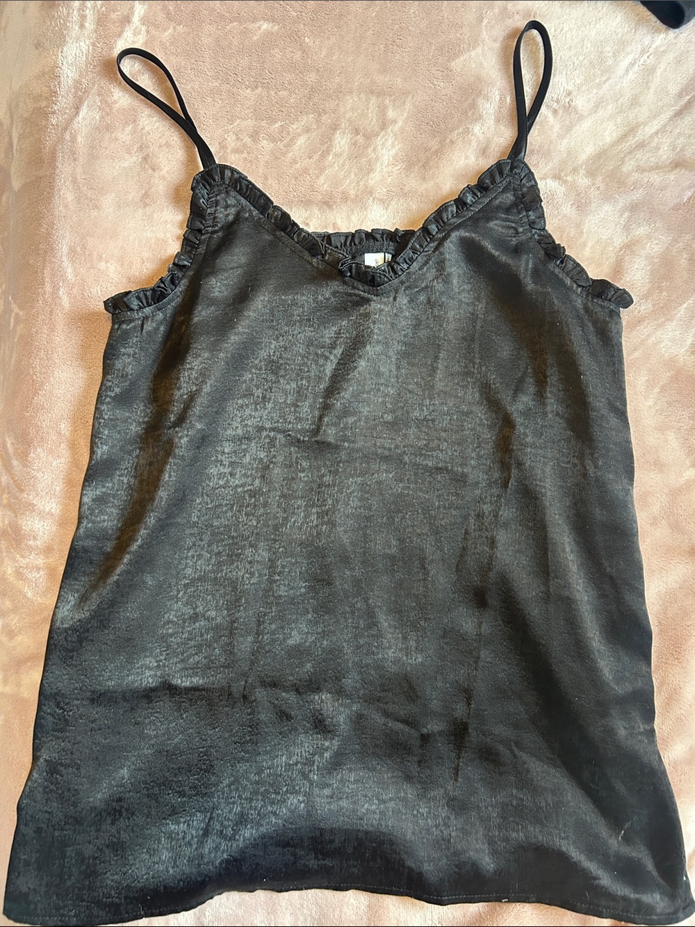 Satin Black Ruffle-Trim Cami Tank Top
